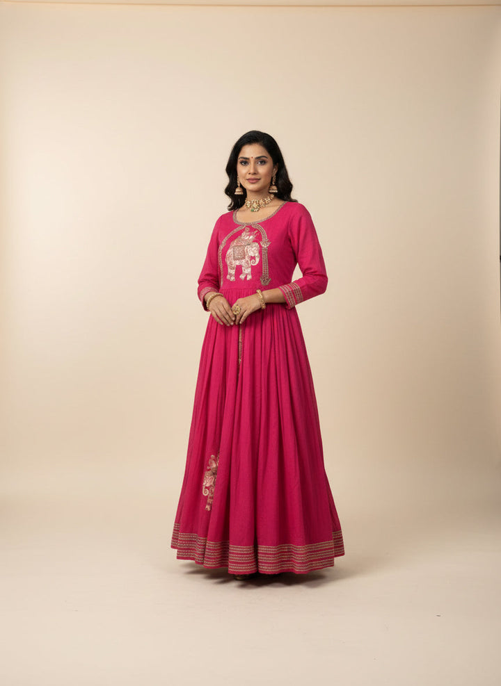 Neerus Pink chinon printed maxi dress - front view