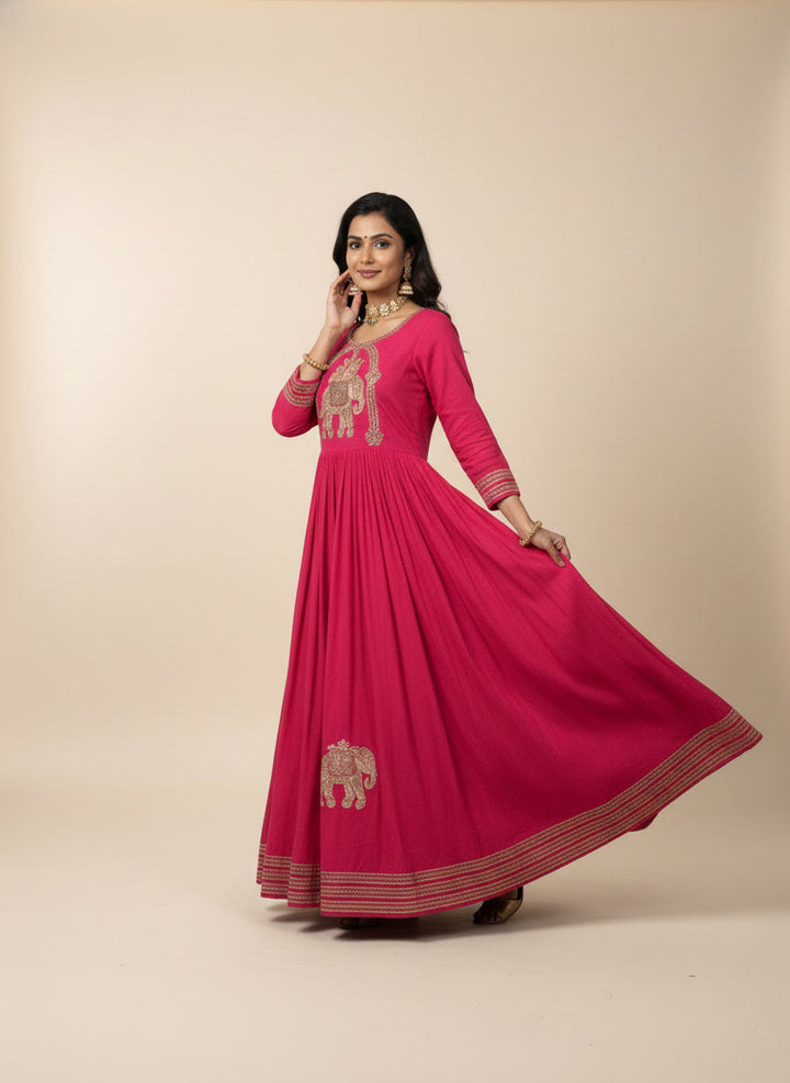 Neerus Pink chinon printed maxi dress - side view