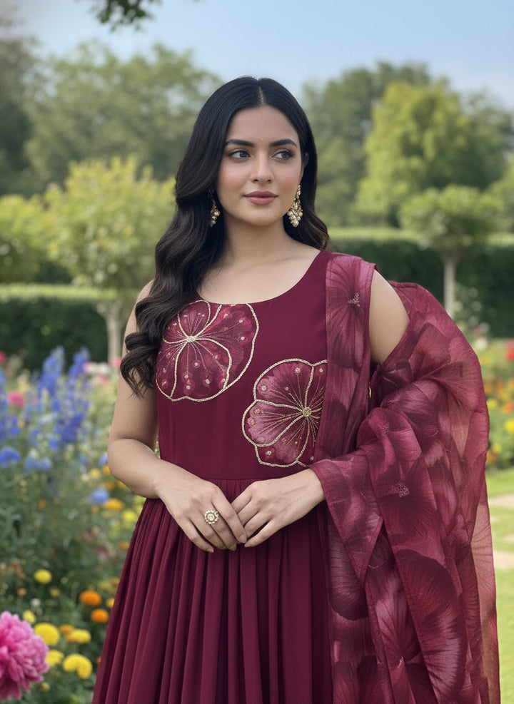 Maroon Georgette Floral Printed Long Dress