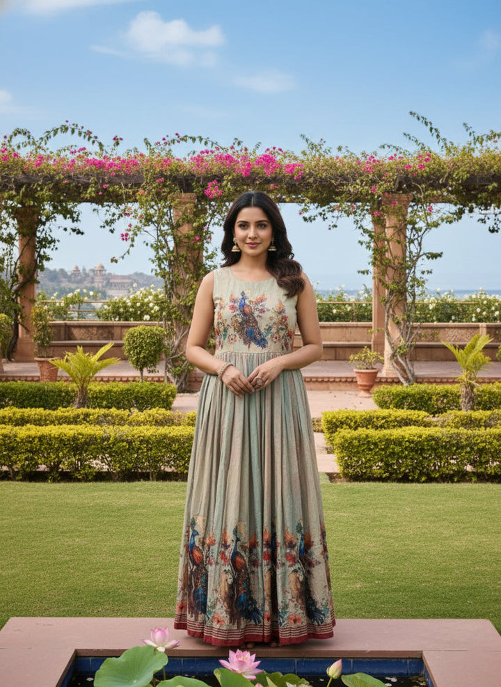 Neerus Green silk printed maxi dress - front view