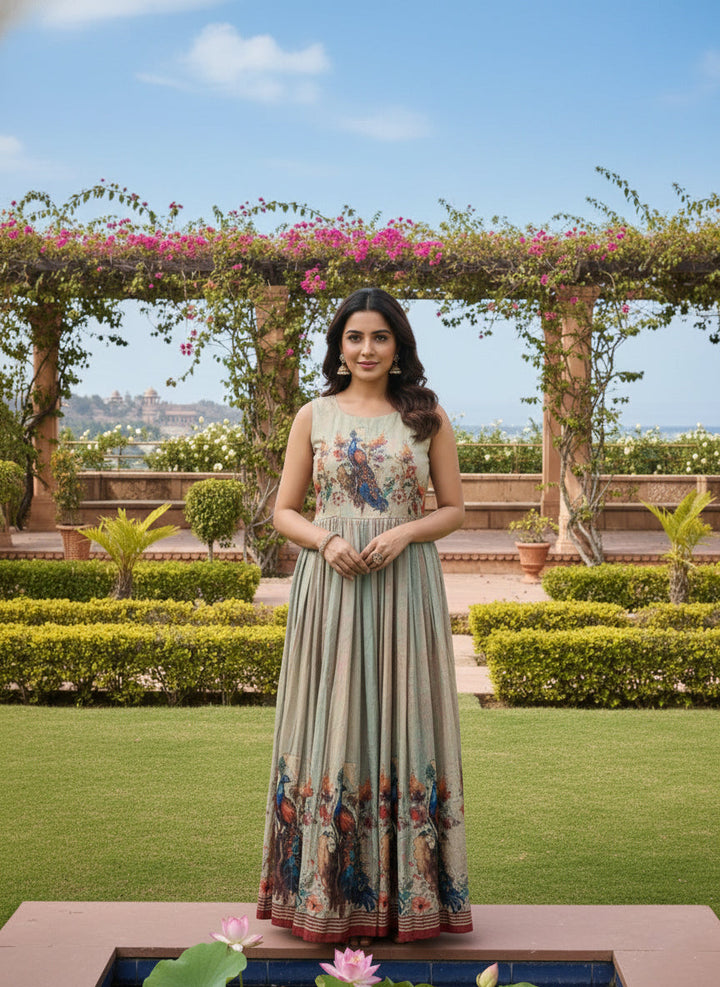 Neerus Green silk printed maxi dress - side view