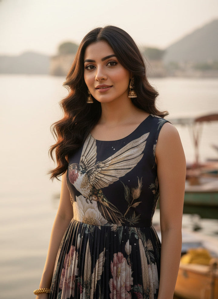 Black Georgette Floral Digital Print Long Dress