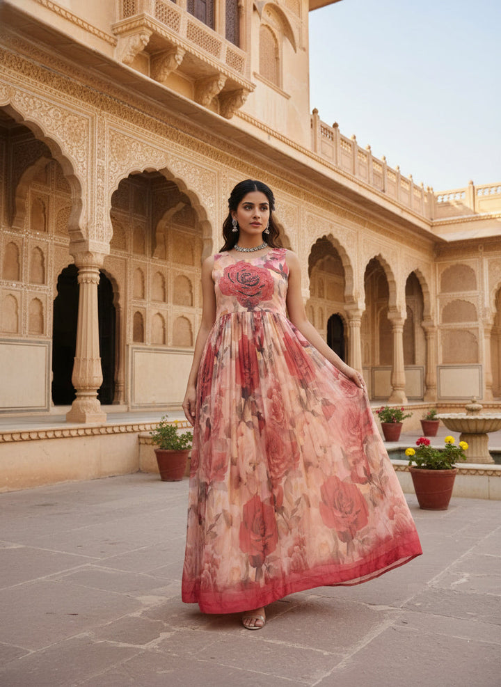 Neerus Pink georgette digital printed maxi dress - front view