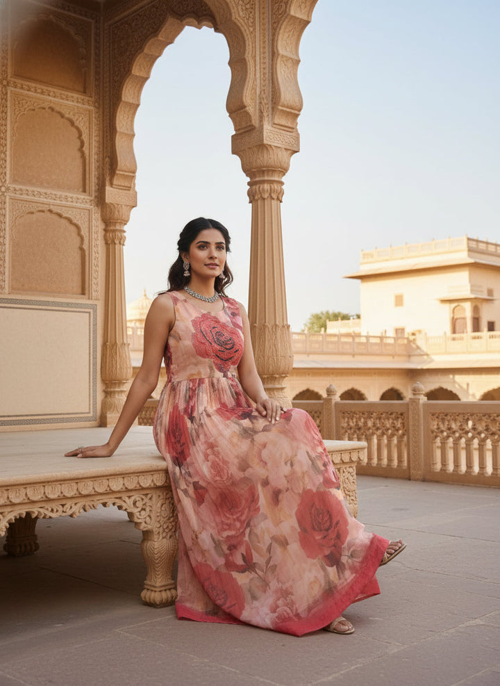 Neerus Pink georgette digital printed maxi dress - back view