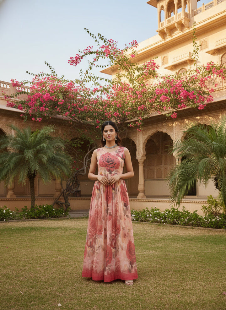 Neerus Pink georgette digital printed maxi dress - side view