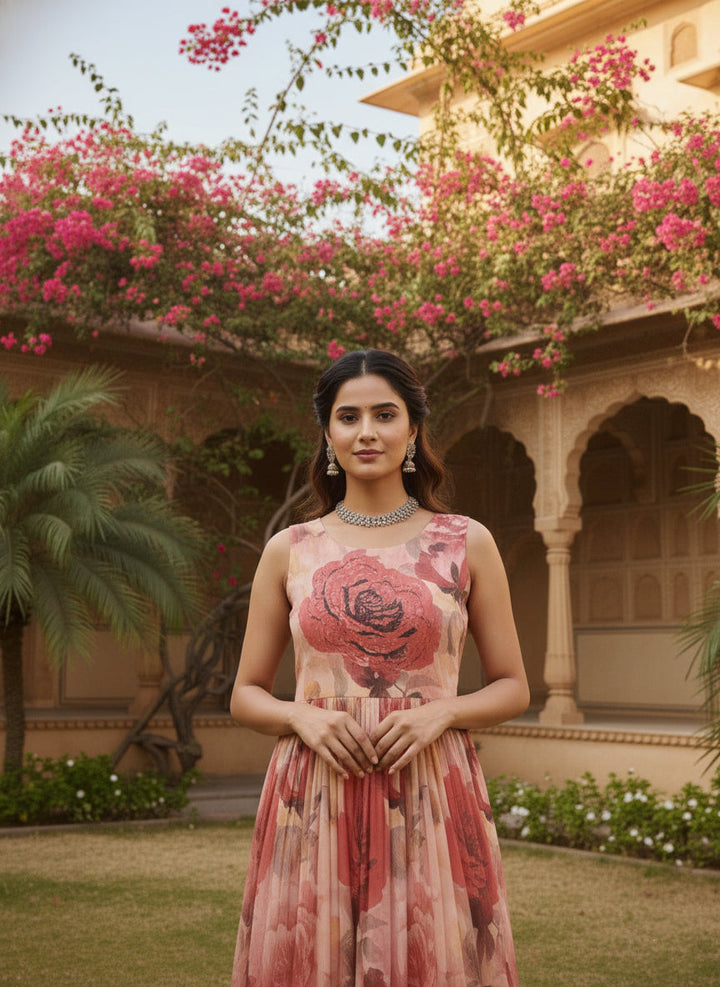 Neerus Pink georgette digital printed maxi dress - detail view 1