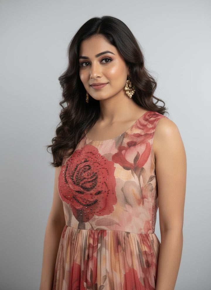 Neerus Pink georgette digital printed maxi dress - detail view 2