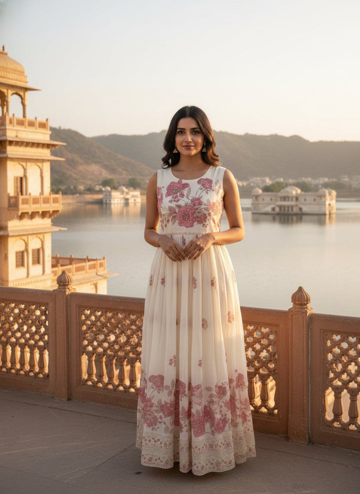 Neerus Beige chiffon printed maxi dress - front view