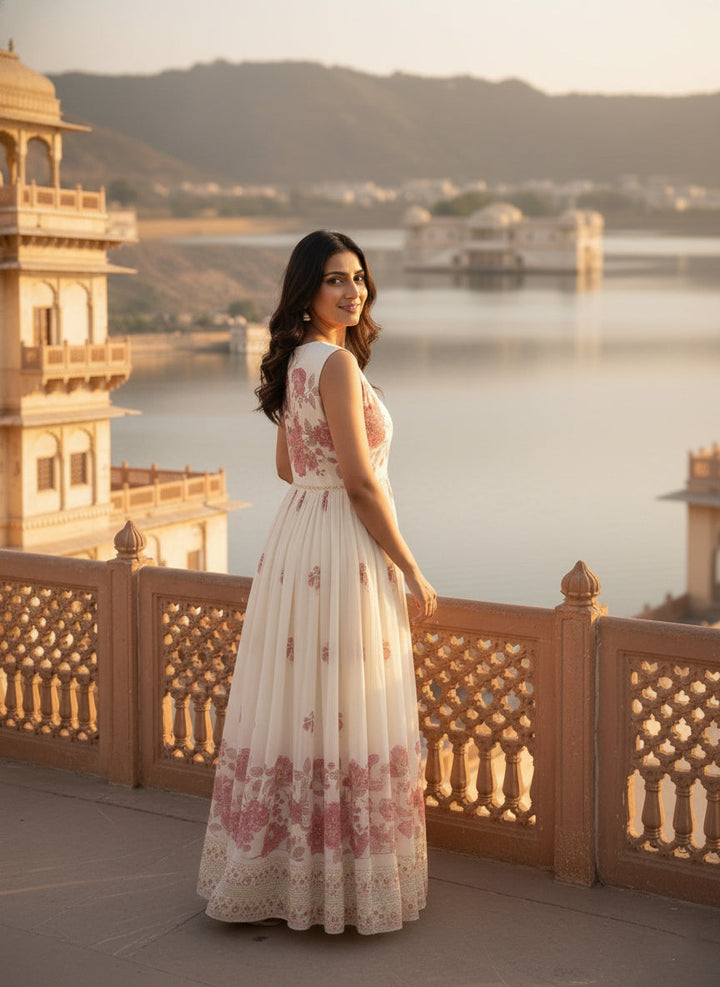 Neerus Beige chiffon printed maxi dress - side view