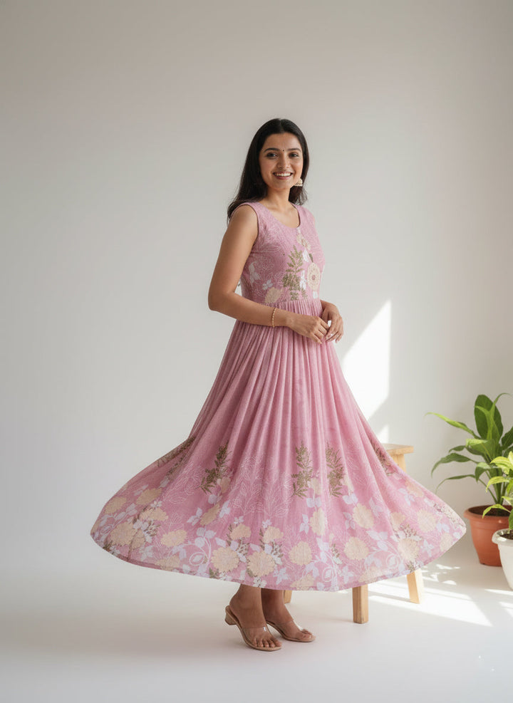Baby Pink Georgette Floral Digital Print Long Dress