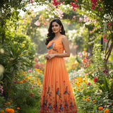 Orange Dola Poly Beads And Stone Printed Long Dress