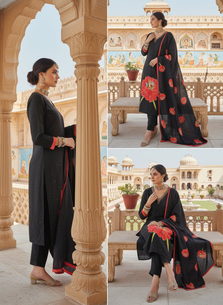 Black Muslin Floral Printed Three Piece Set