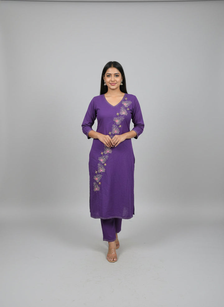 Neerus Purple linen hand embroidered suit set - side view