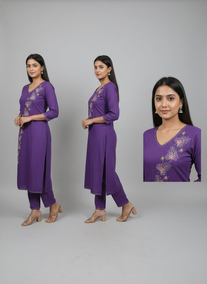 Neerus Purple linen hand embroidered suit set - back view