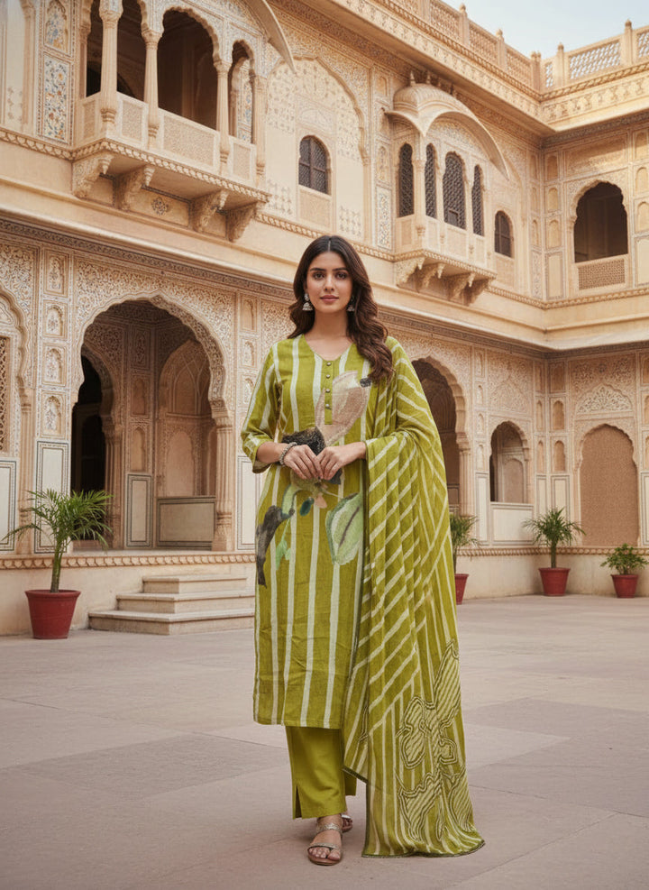Neerus Green linen digital printed suit set - front view