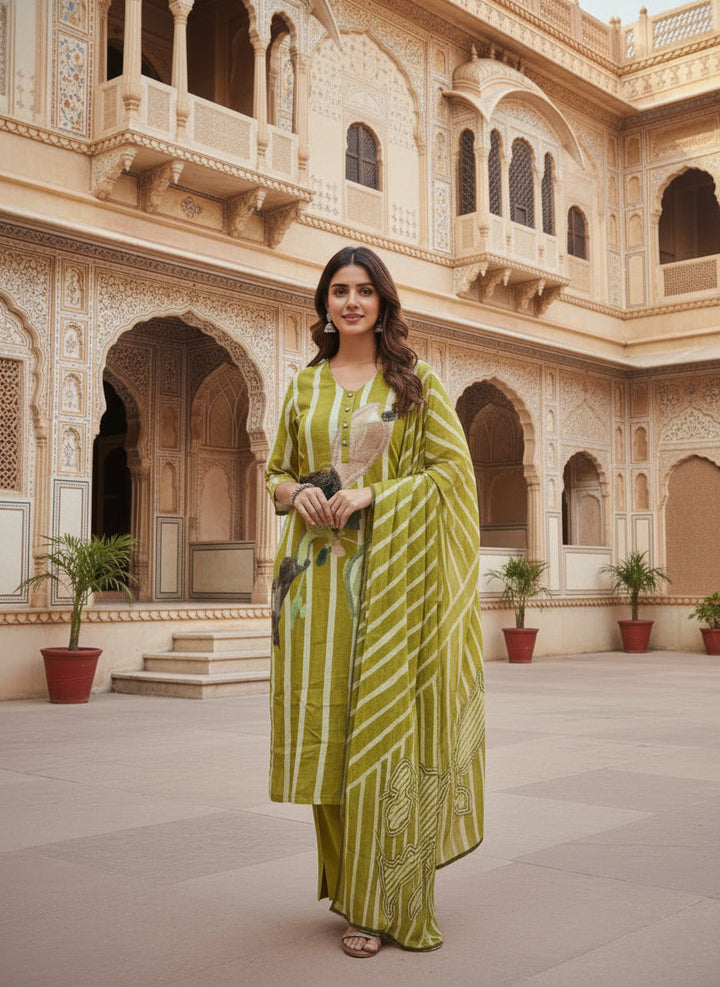 Neerus Green linen digital printed suit set - back view