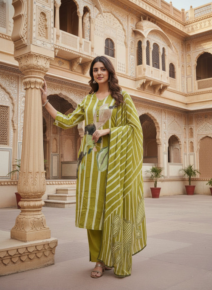 Neerus Green linen digital printed suit set - detail view 1