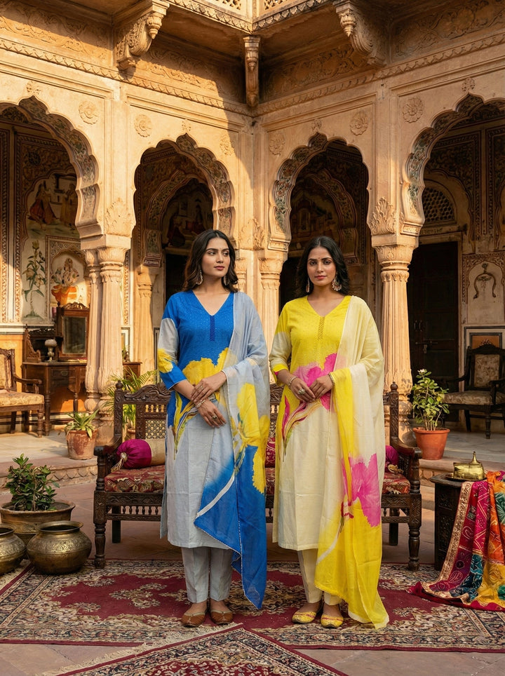 Neerus Blue viscose printed suit set - side view