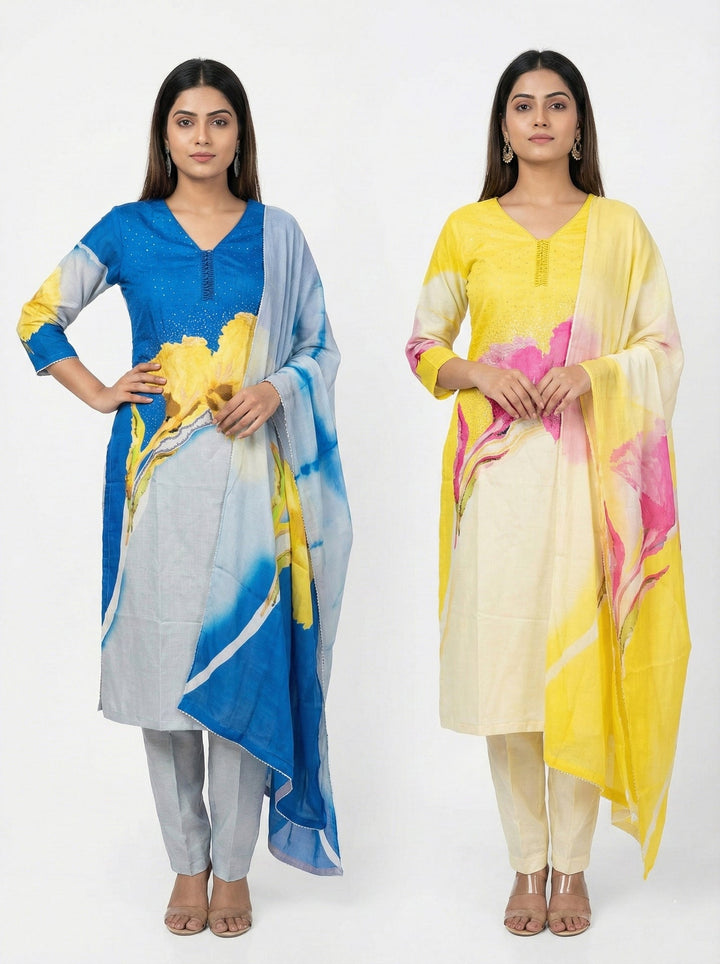 Neerus Yellow viscose printed suit set - front view