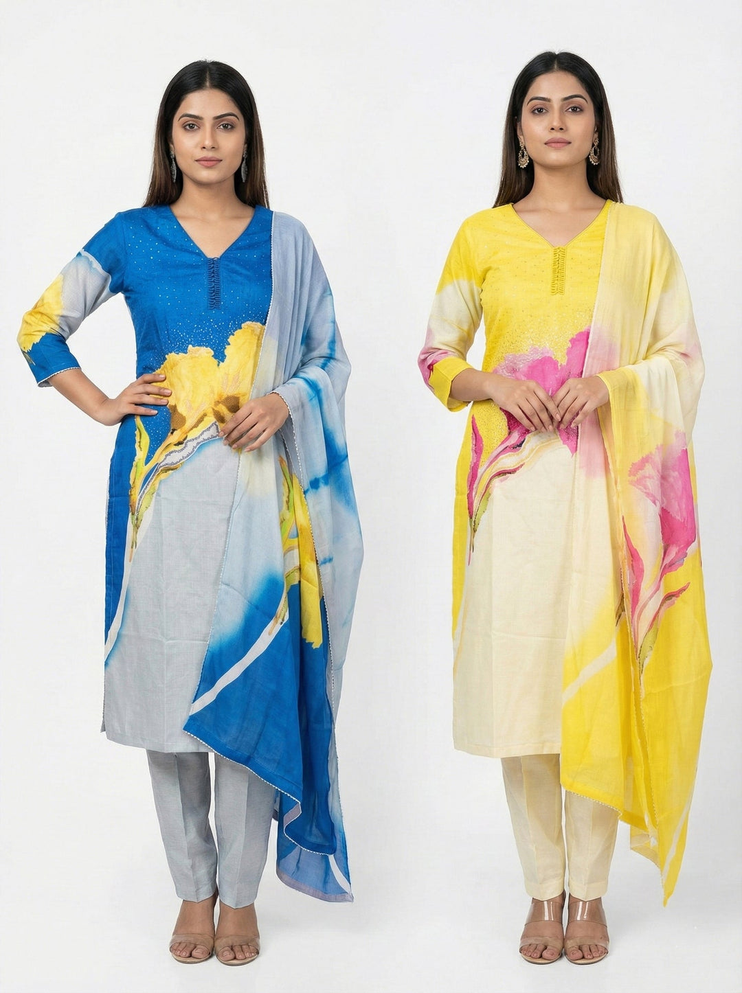 Neerus Yellow viscose printed suit set - back view