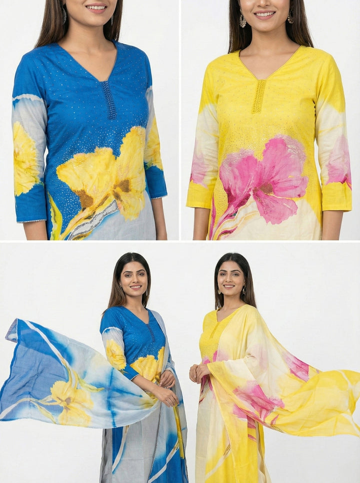 Neerus Yellow viscose printed suit set - side view