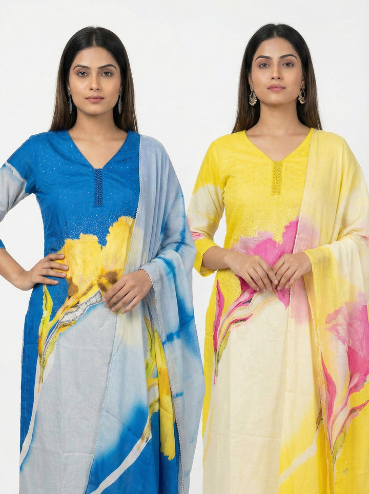 Neerus Yellow viscose printed suit set - detail view 1