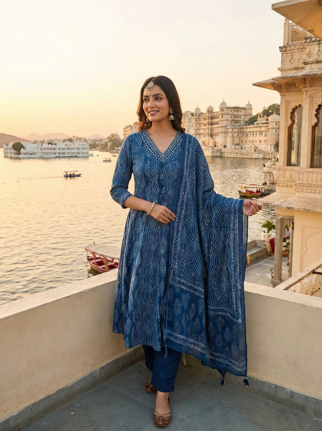 Neerus Blue cotton digital printed suit set - front view