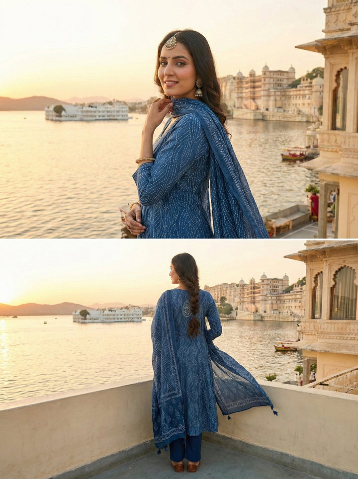 Neerus Blue cotton digital printed suit set - back view