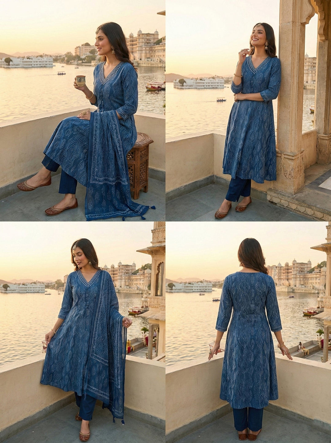 Neerus Blue cotton digital printed suit set - side view