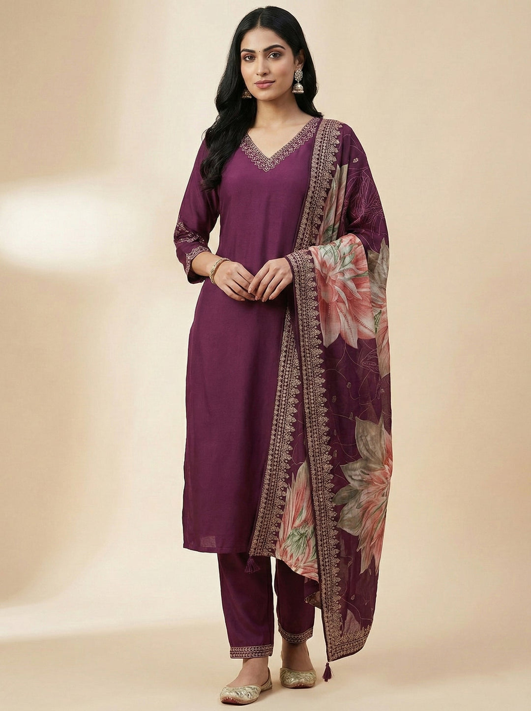 Neerus Maroon rayon straight suit set - front view