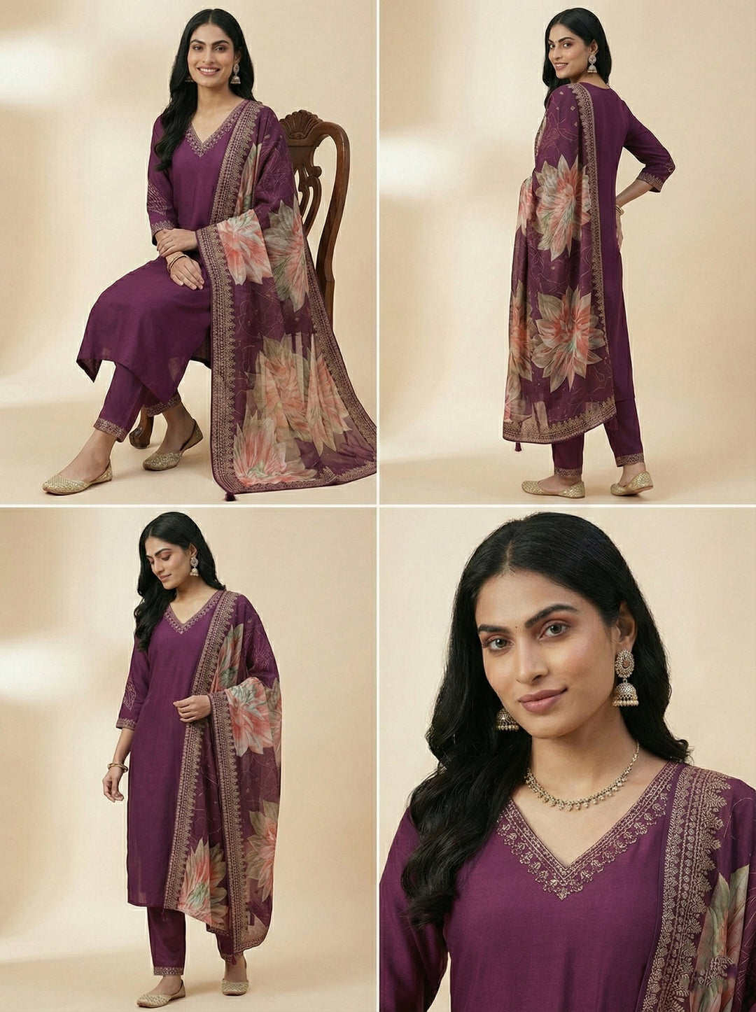 Neerus Maroon rayon straight suit set - back view