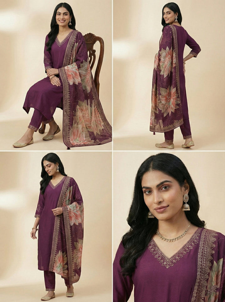 Neerus Maroon rayon straight suit set - back view
