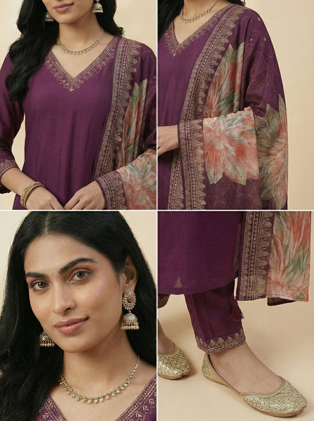 Neerus Maroon rayon straight suit set - side view