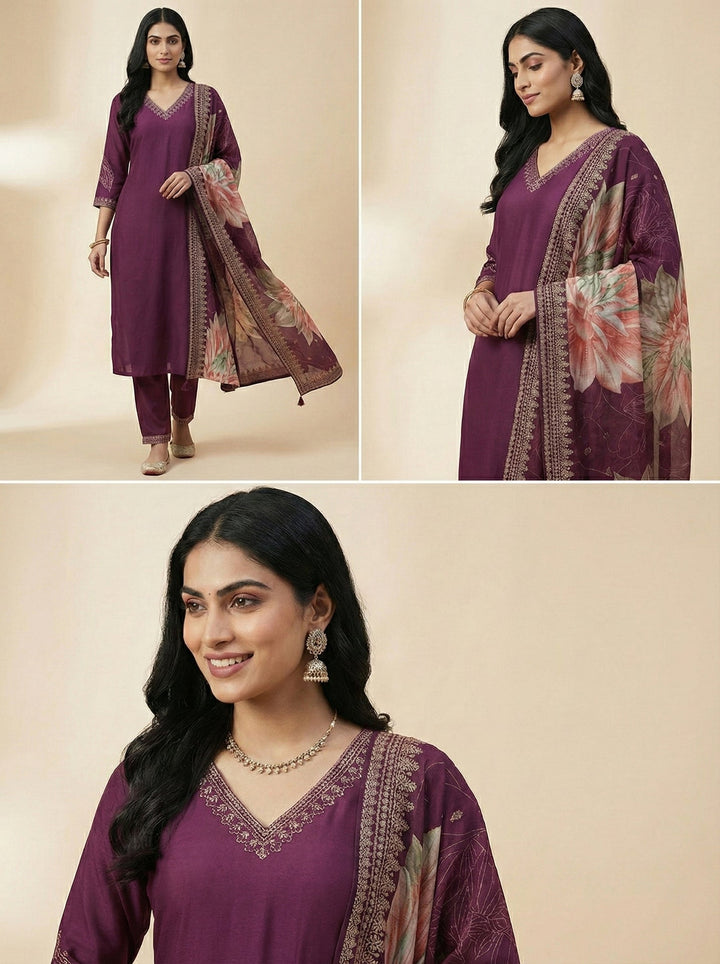 Neerus Maroon rayon straight suit set - detail view 1