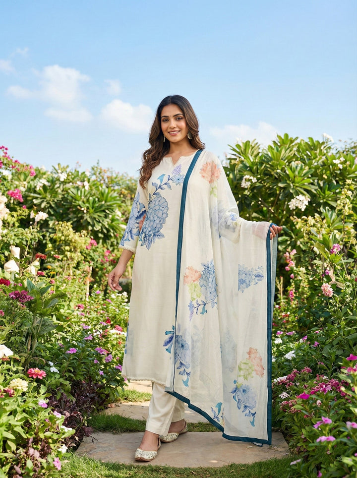 Neerus White muslin printed suit set - front view