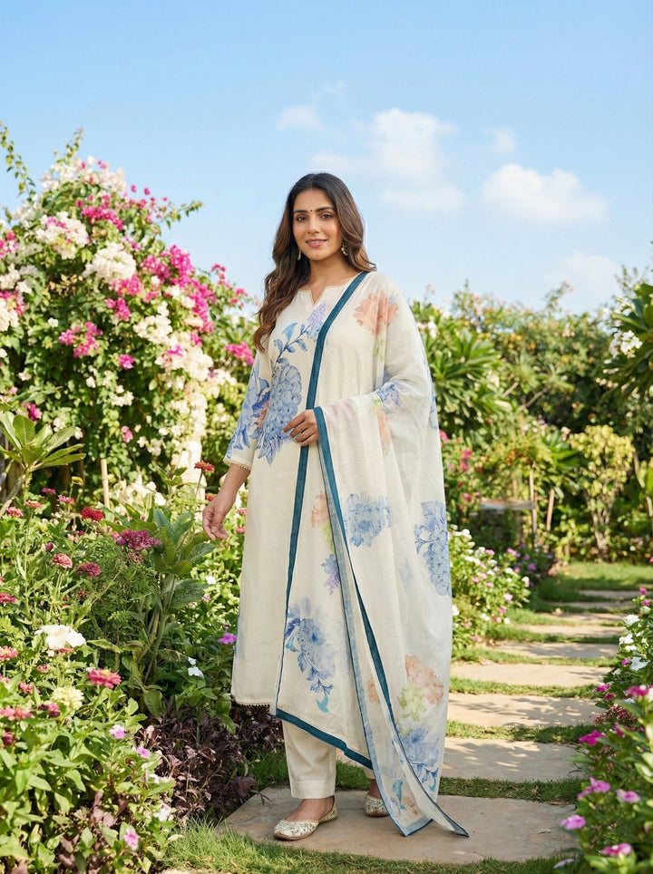 Off White Muslin Floral Printed Three Piece Set