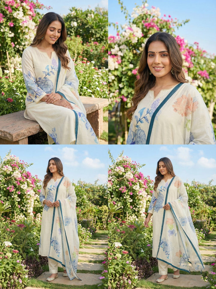 Off White Muslin Floral Printed Three Piece Set