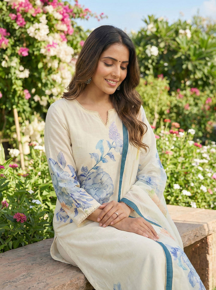 Off White Muslin Floral Printed Three Piece Set