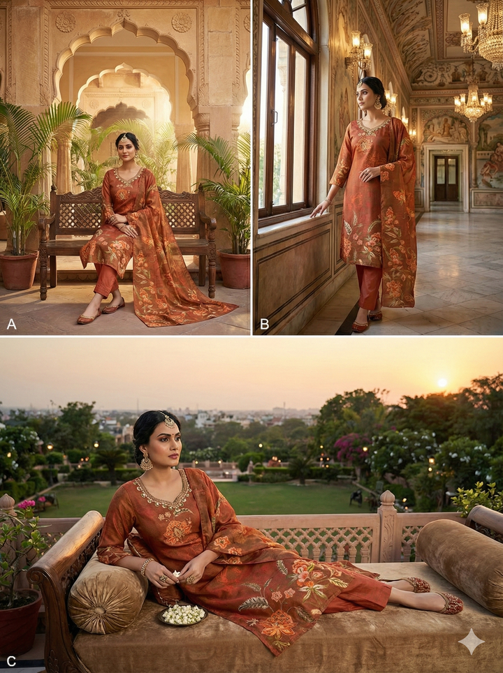 Neerus Orange tissue printed suit set - side view