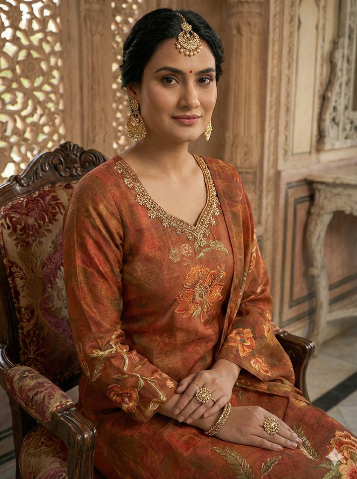 Rust Tissue Floral Printed Three Piece Set