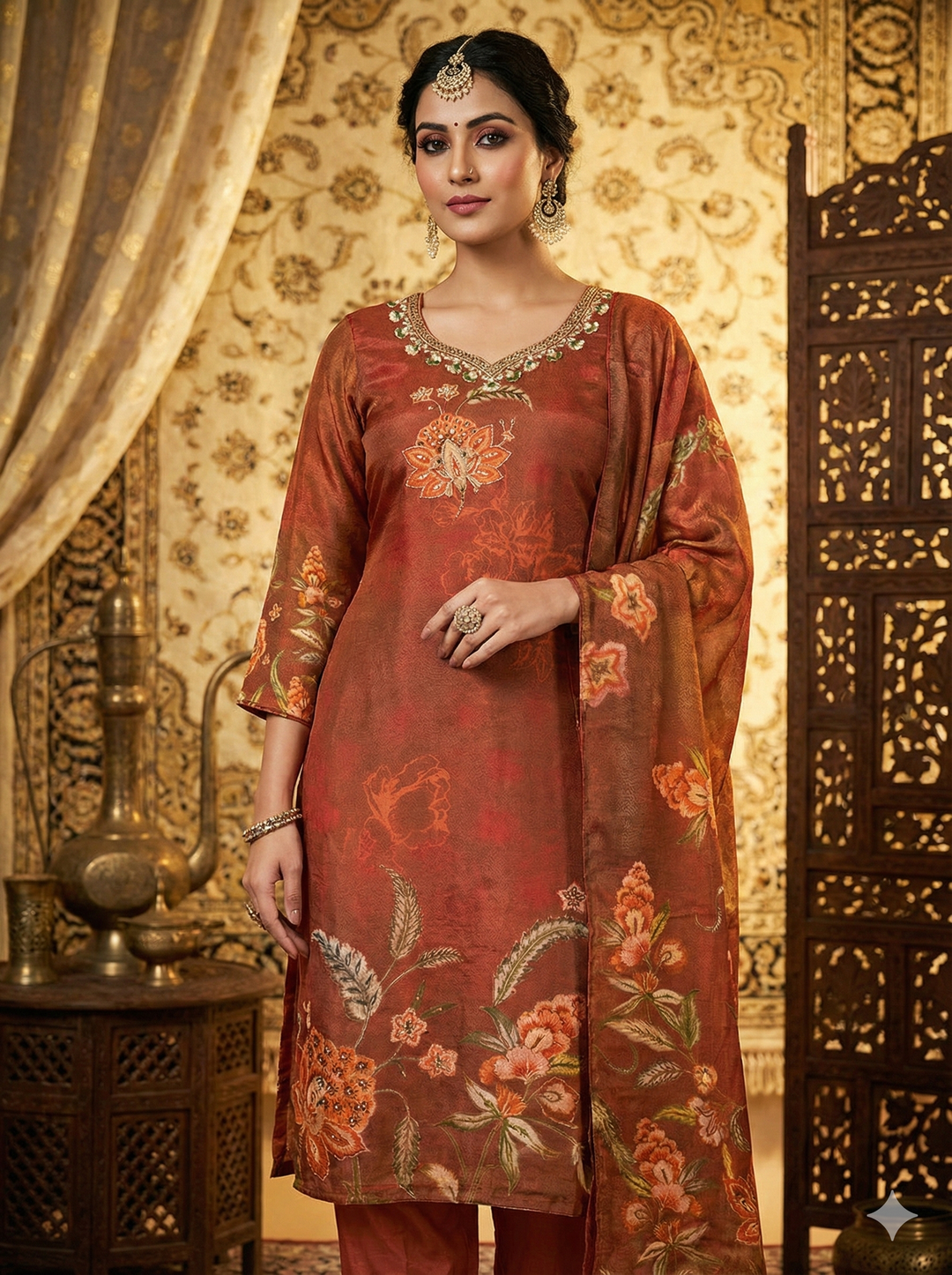 Neerus Orange tissue printed suit set - front view