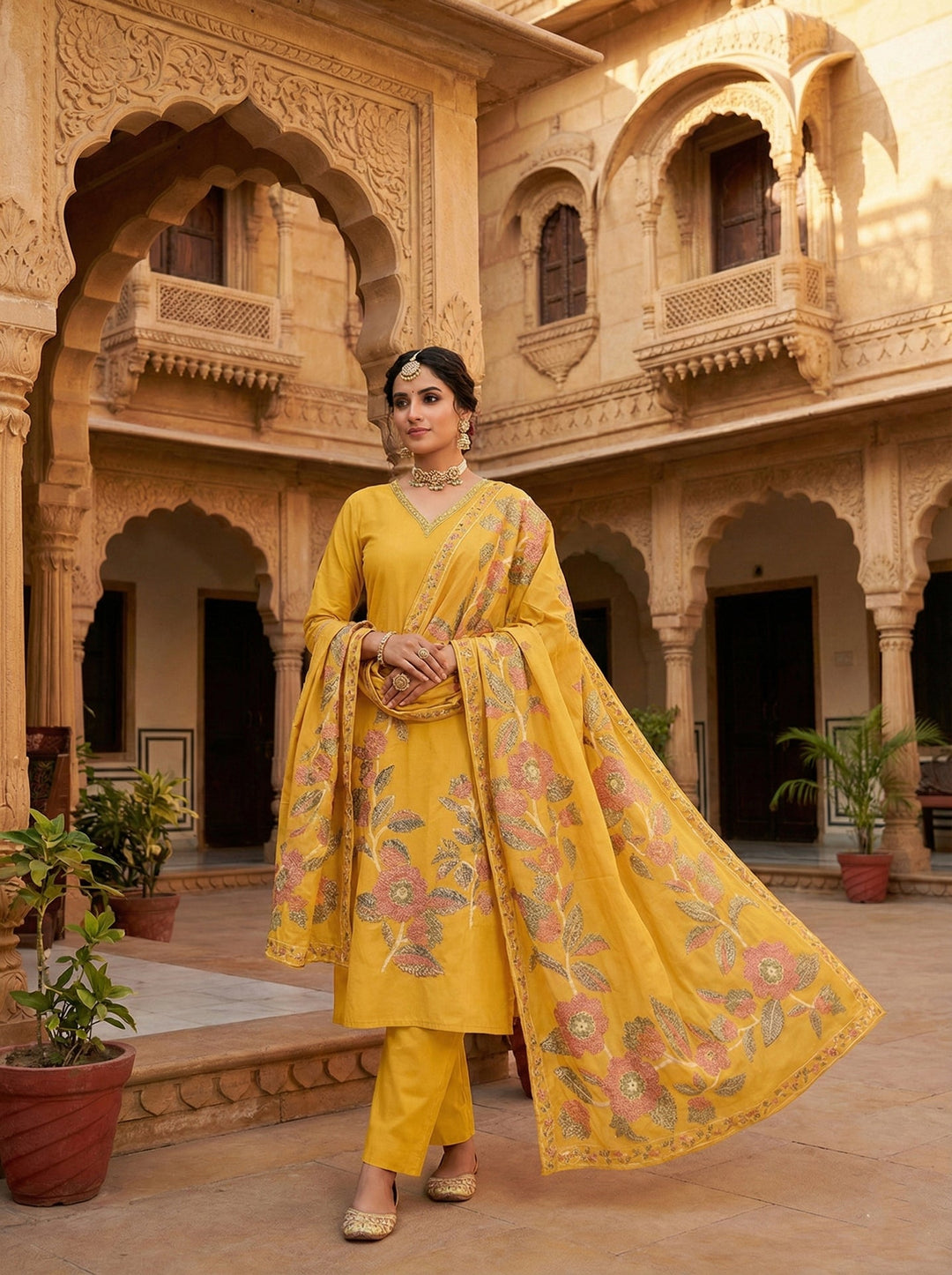 Neerus Yellow Chanderi printed suit set - front view