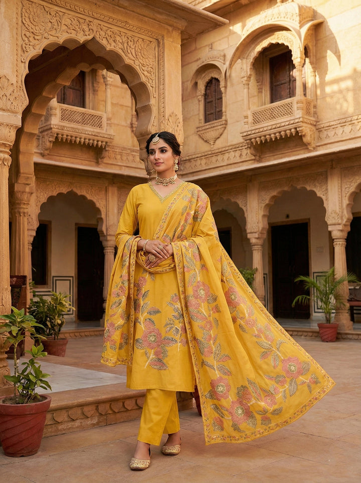 Neerus Yellow Chanderi printed suit set - front view