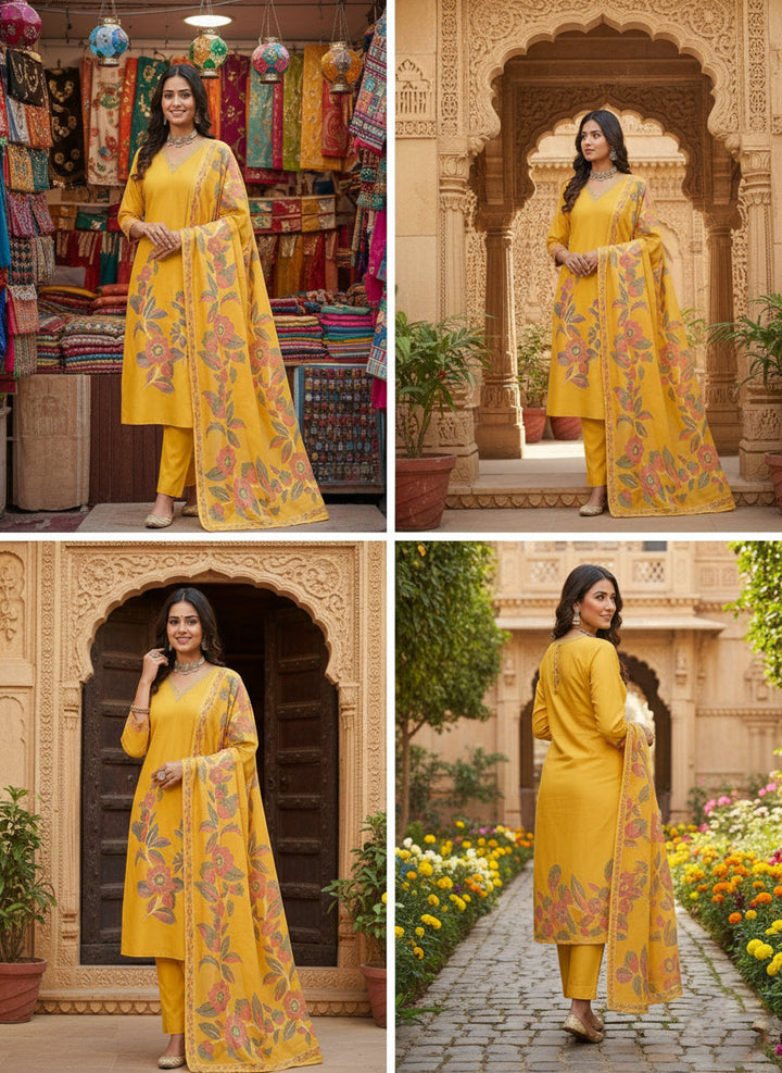 Mustard Chanderi Floral Printed Three Piece Set