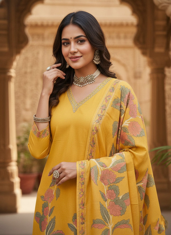 Mustard Chanderi Floral Printed Three Piece Set