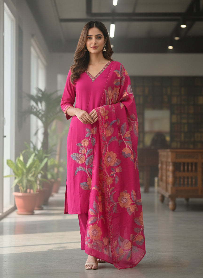 Neerus Pink muslin printed suit set - back view
