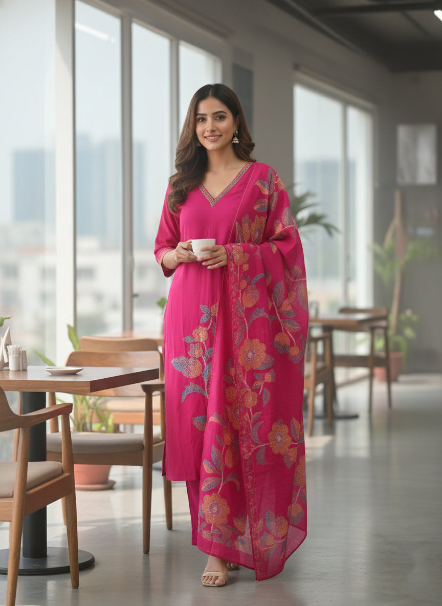 Neerus Pink muslin printed suit set - front view