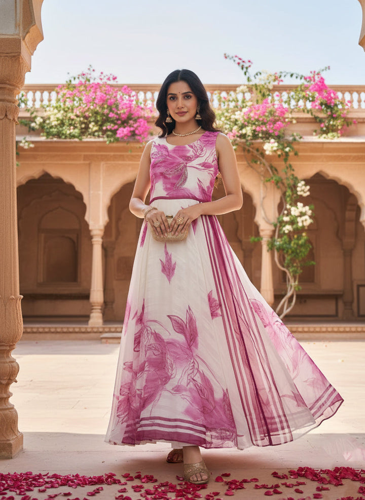 Off White Chiffon Floral Printed Long Dress