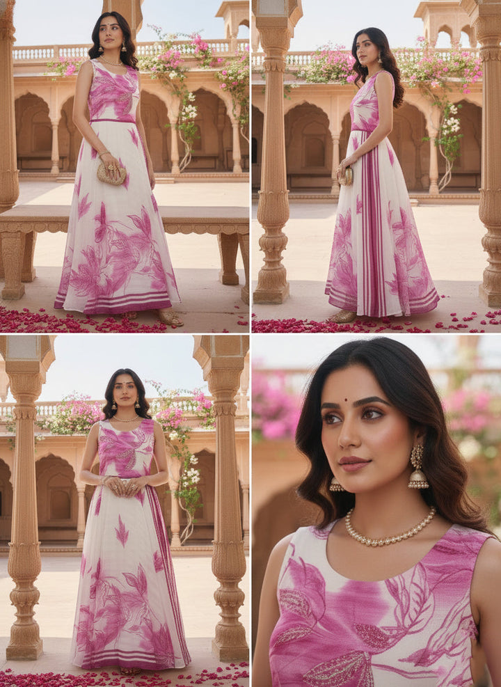 Off White Chiffon Floral Printed Long Dress