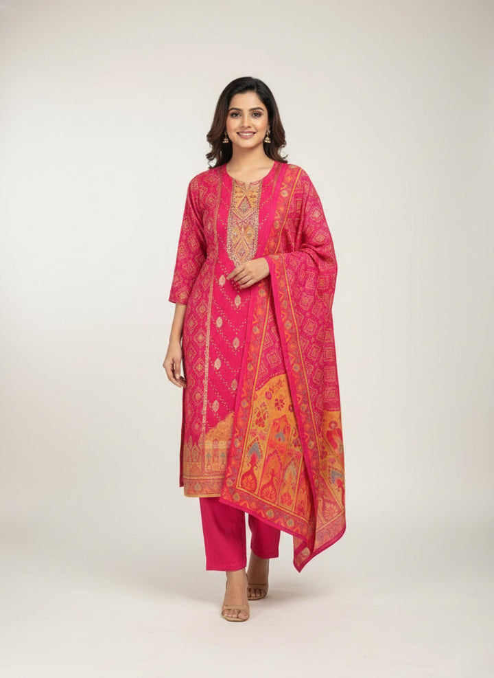 Neerus Pink muslin digital printed suit set - back view